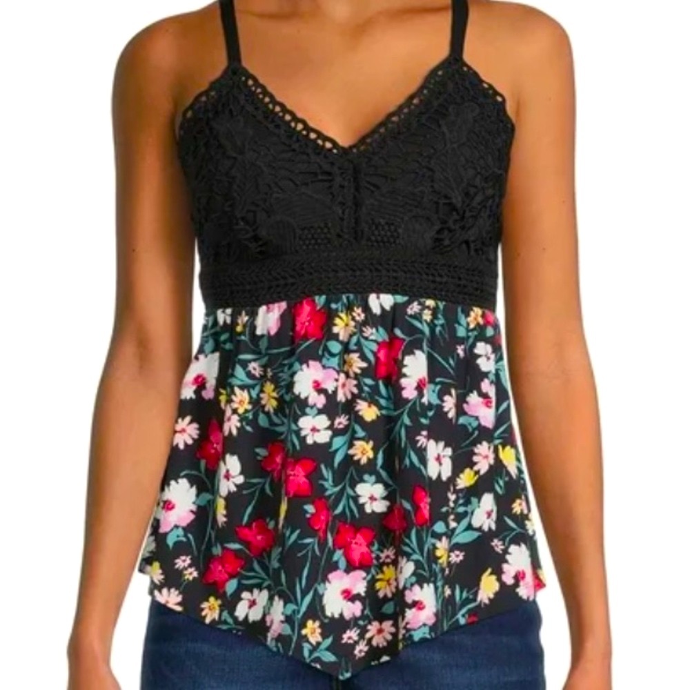 Black floral tank with crocheted bust